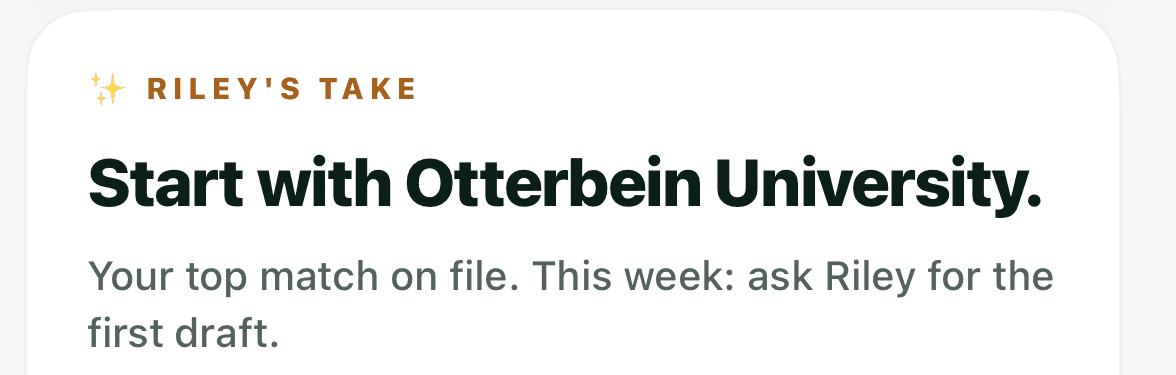 A card in the OneCommit app headed RILEY'S TAKE, naming the athlete's top match on file and suggesting they ask Riley for a first draft this week