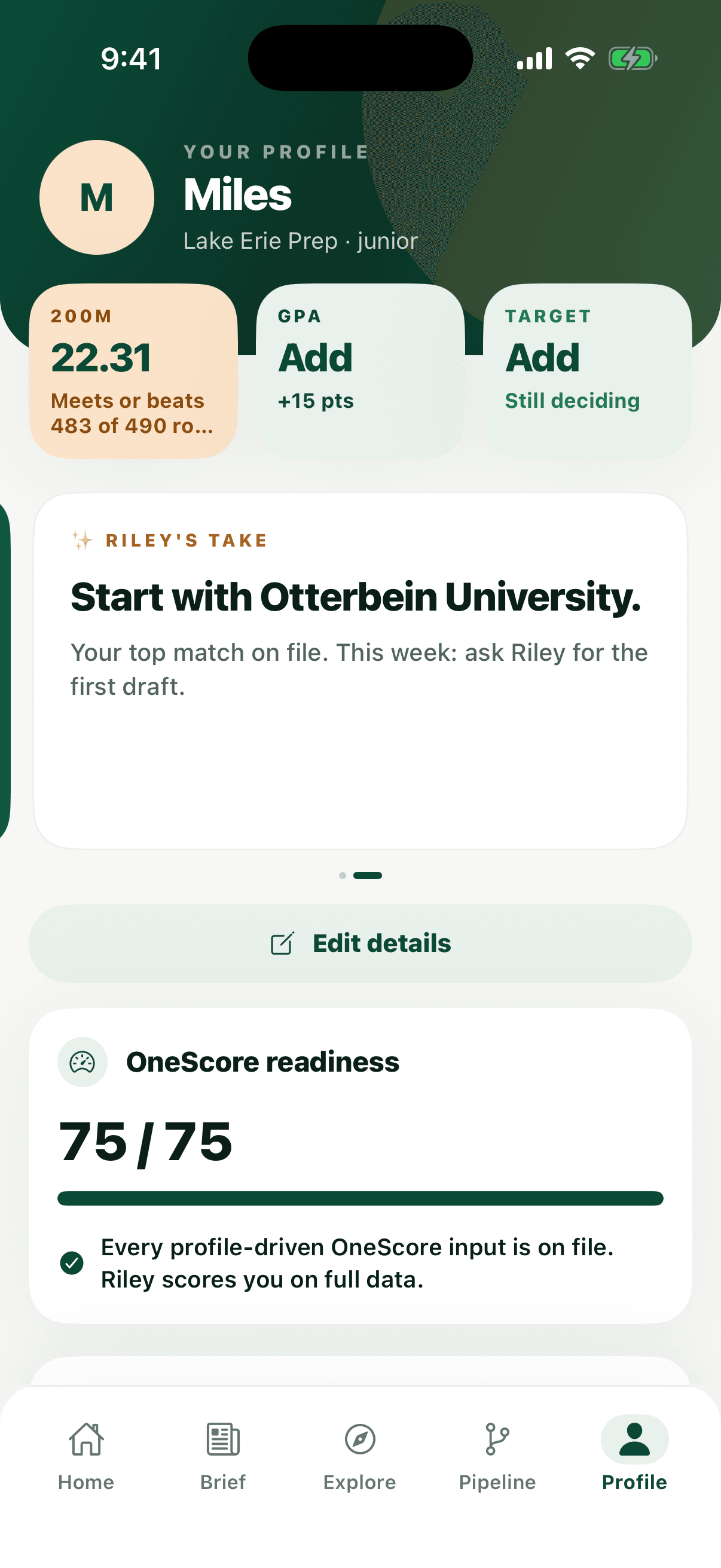 OneCommit profile screen with a 200m mark, GPA and target chips, a Riley's Take card, an Edit details button, and the OneScore readiness meter